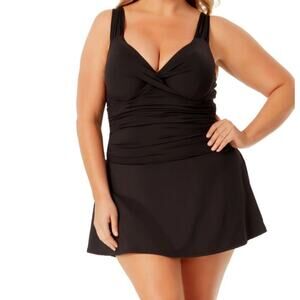 Anne Cole Brand Twist Front Shirred Underwire Swim Dress Black Size 20W Swimsuit